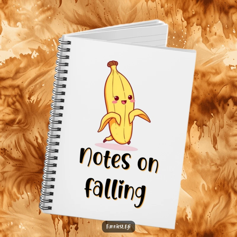 Funny notebook cover with a banana peel character comically slipping on its peel, inspiring writing and laughter.