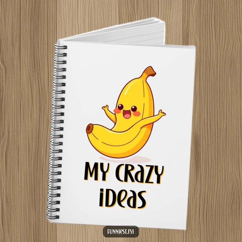 Funny banana character yelping in a comical slip on its peel, printed on a notebook for jotting funny ideas.