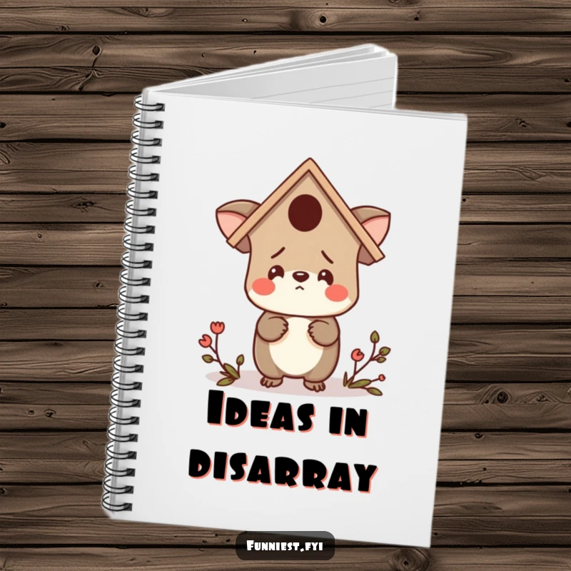 Funny notebook cover with a confused animal character wearing a birdhouse as a hat, looking around lost, perfect for jotting down funny thoughts.