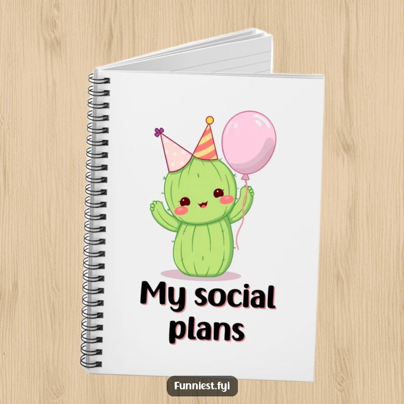 Funny notebook featuring a cute cactus in a party hat attempting to hug a balloon, ideal for notes.