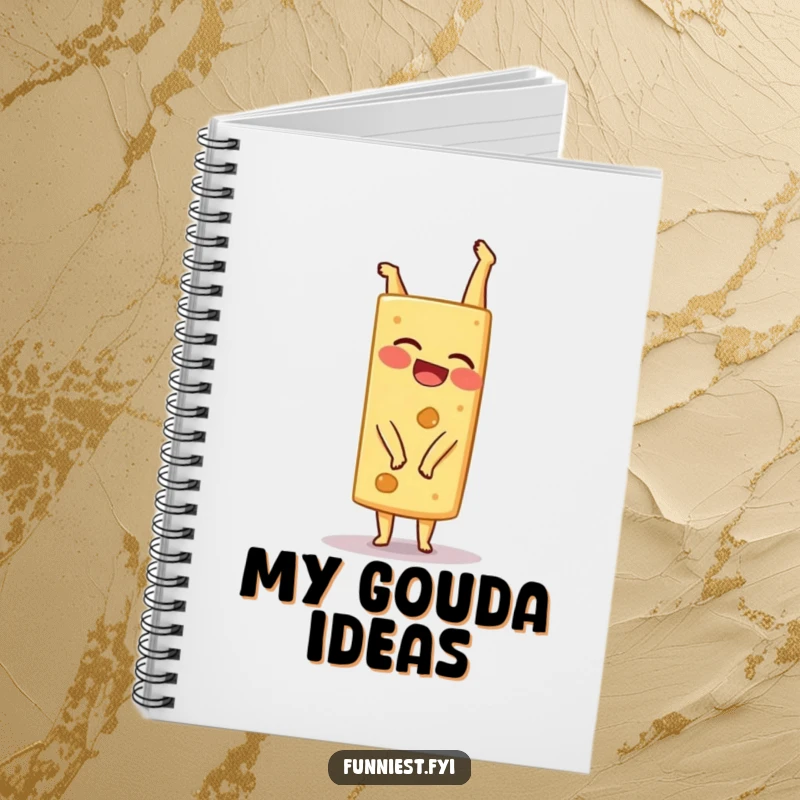 A notebook with a cover featuring a funny giggling cheese wedge attempting a handstand, inspiring fun note-taking.