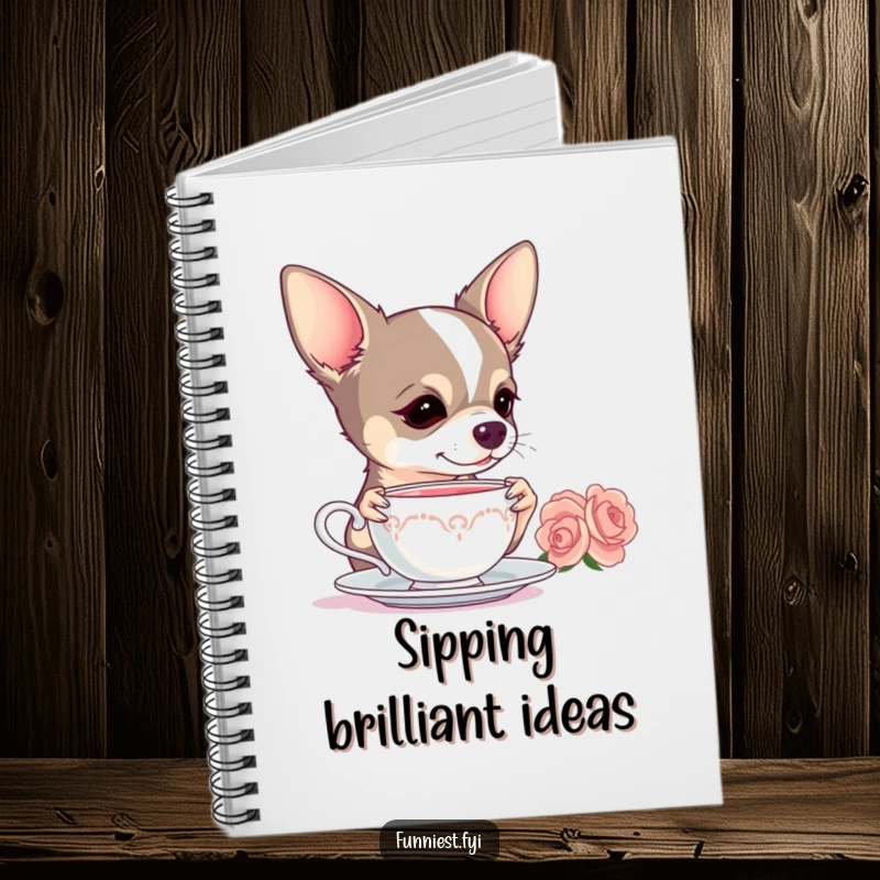 Funny Chihuahua notebook, a dog dramatically sipping tea, ideal for journaling or creative writing.