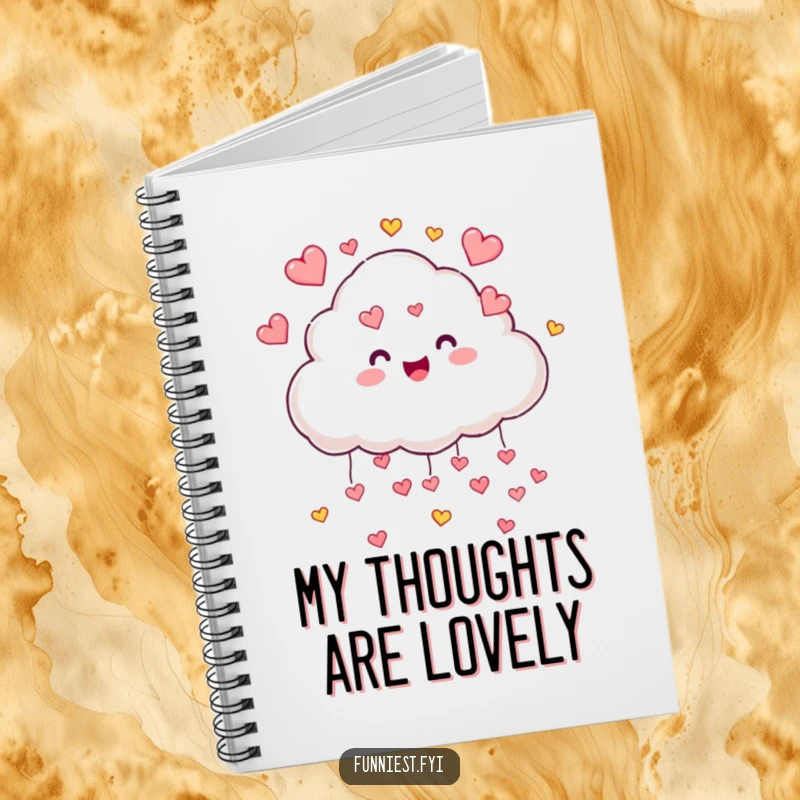 Funny cloud character showering colorful hearts on a notebook, inspiring joyful thoughts and playful writing, a great gift.