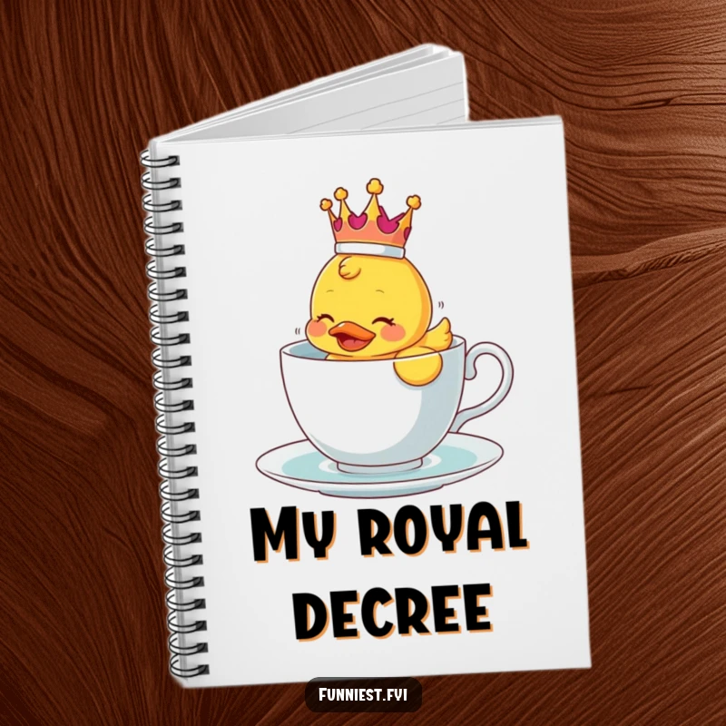 Funny notebook featuring a crowned rubber ducky comically struggling in a teacup, ideal for notes.