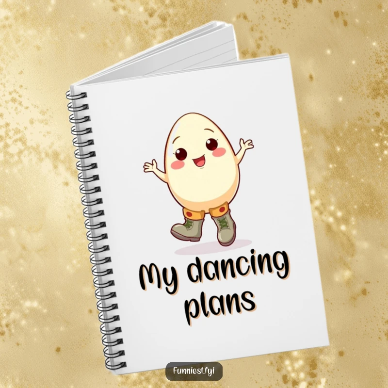 Funny egg notebook featuring a cheerful cartoon egg character doing a clumsy jig in oversized boots, great for notes and doodles.