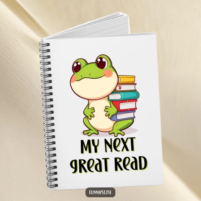 Funny notebook featuring a giggling frog character balancing a stack of books on its nose, ideal for jotting down humorous notes.