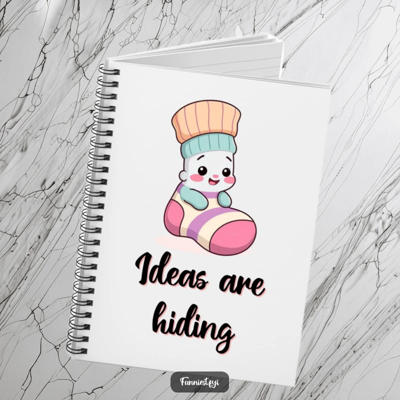 Funny notebook cover with a giggling sock character playfully peeking from a large, mismatched sock, inspiring joyful writing.