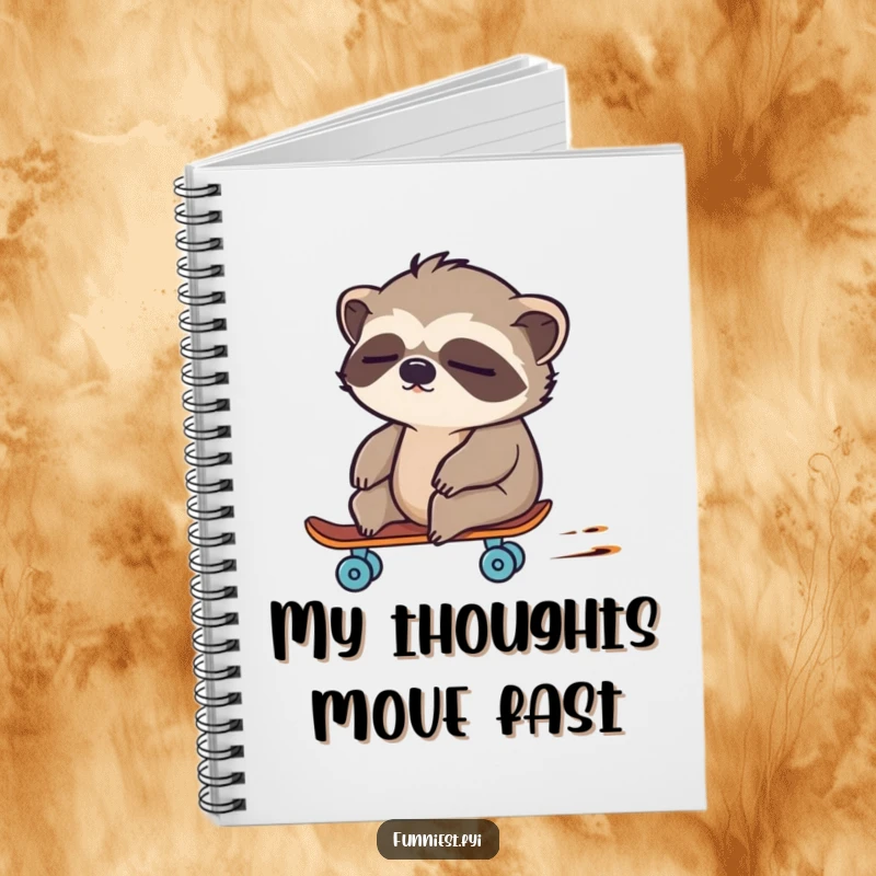Funny sloth character unexpectedly zooming on a tiny skateboard, perfect for jotting down ideas.