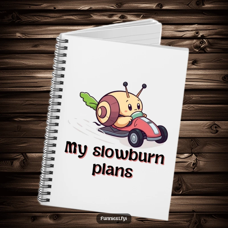 Funny notebook featuring a determined snail character racing a tiny toy car towards a lettuce leaf, ideal for jotting down ambitious plans.