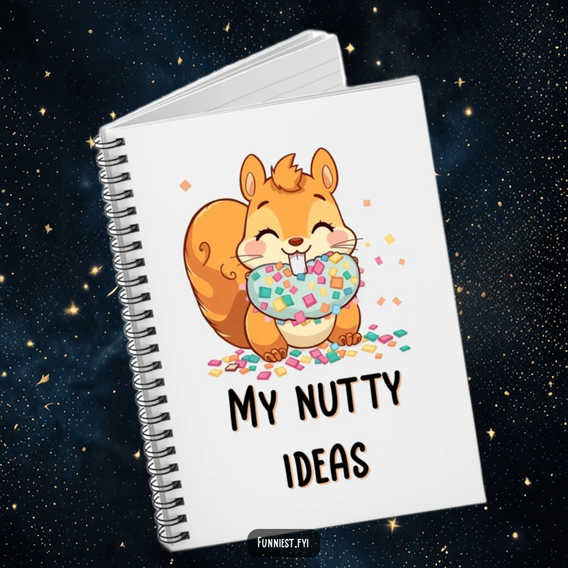 Funny mischievous squirrel hoarding confetti on a notebook cover, perfect for jotting down party plans and ideas.
