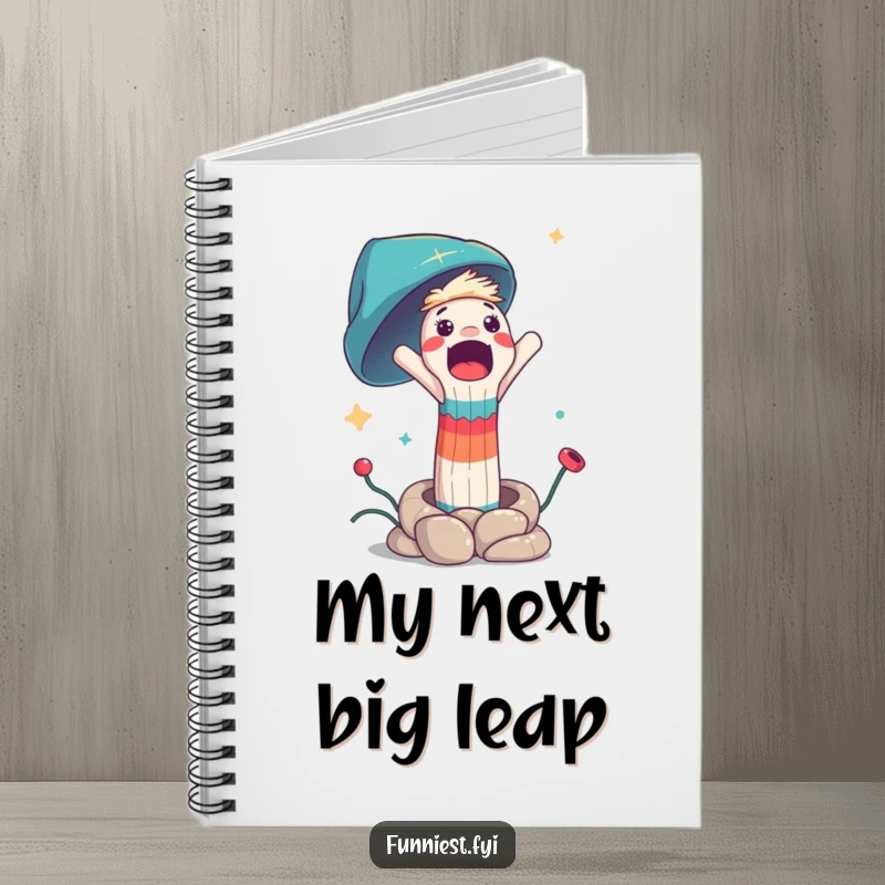 Funny notebook with a surprised sock puppet character launching from a spring, inspiring creative writing and humorous notes.