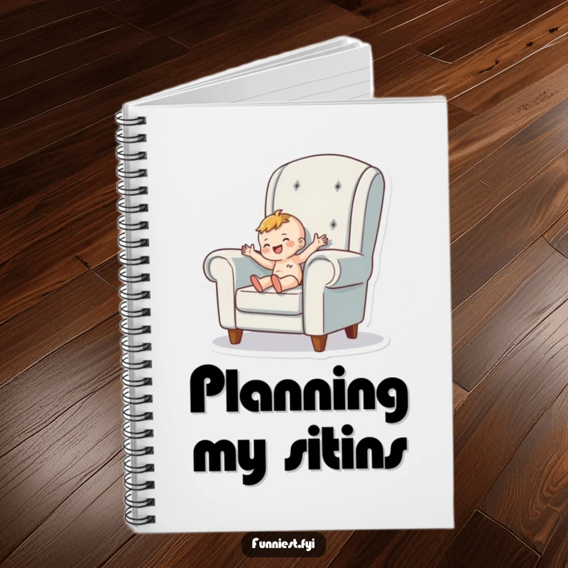 Funny Notebook featuring a tiny person character happily wiggling inside a giant armchair, ideal for writing and cozy thoughts.
