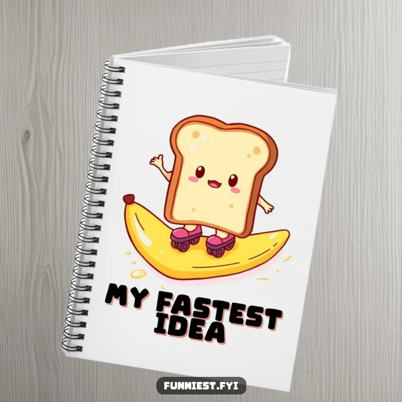 Funny notebook with toast on roller skates about to skid on a banana peel, perfect for notes.