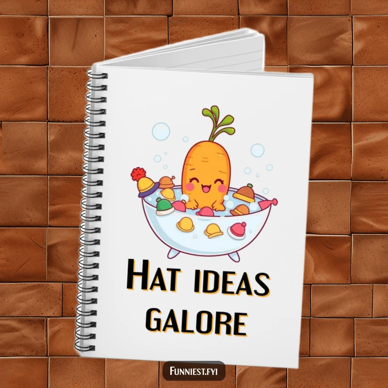 Funny carrot character enjoying a bubble bath with tiny hats, a humorous notebook for creative writing and notes.