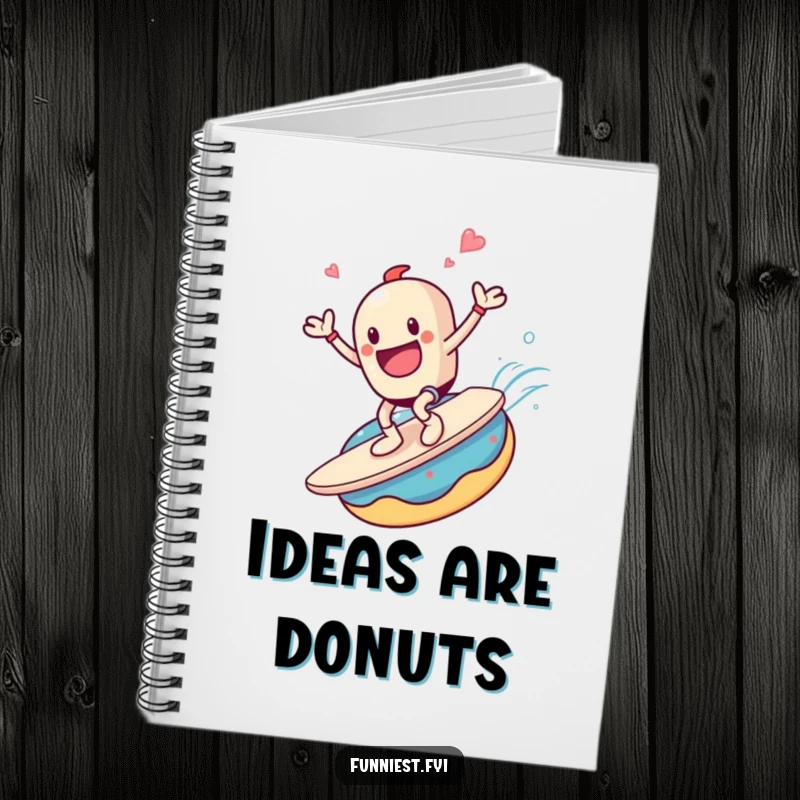 Funny notebook cover with a coffee cup character joyfully surfing a giant donut, inspiring creative and sweet ideas.