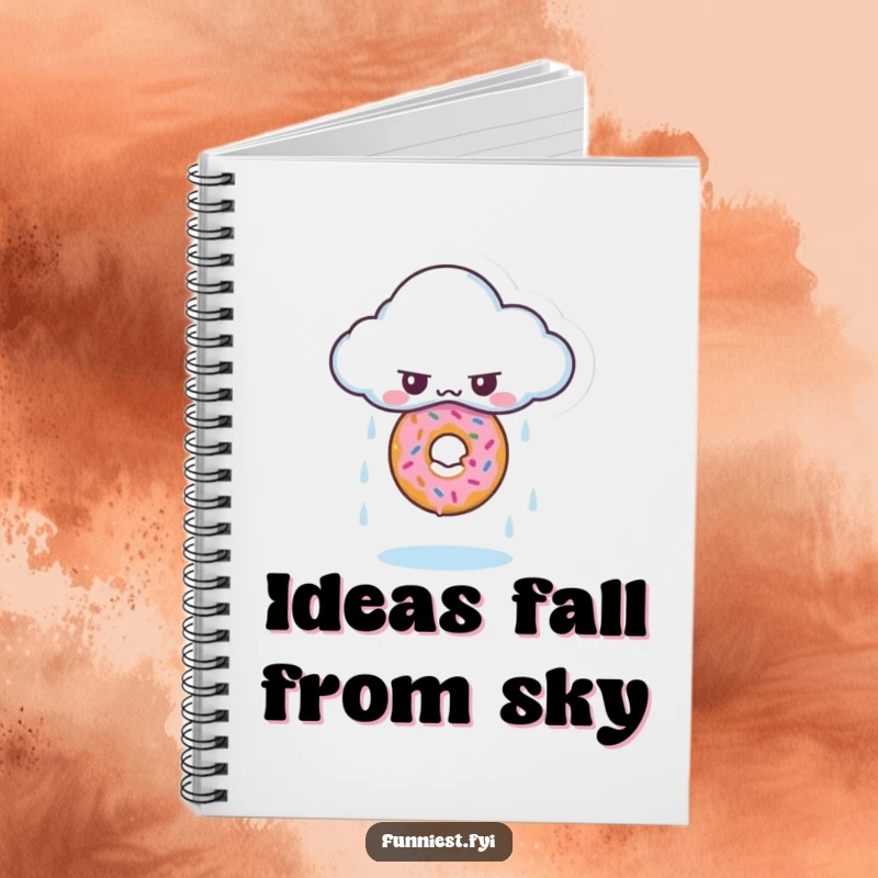 Funny notebook featuring a grumpy cloud character raining a single, perfect donut, ideal for notes.