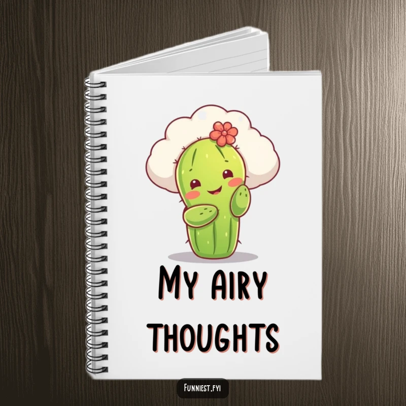Funny notebook cover featuring a smiling cactus character attempting to hug a fluffy cloud. A charming and humorous design for note-taking.