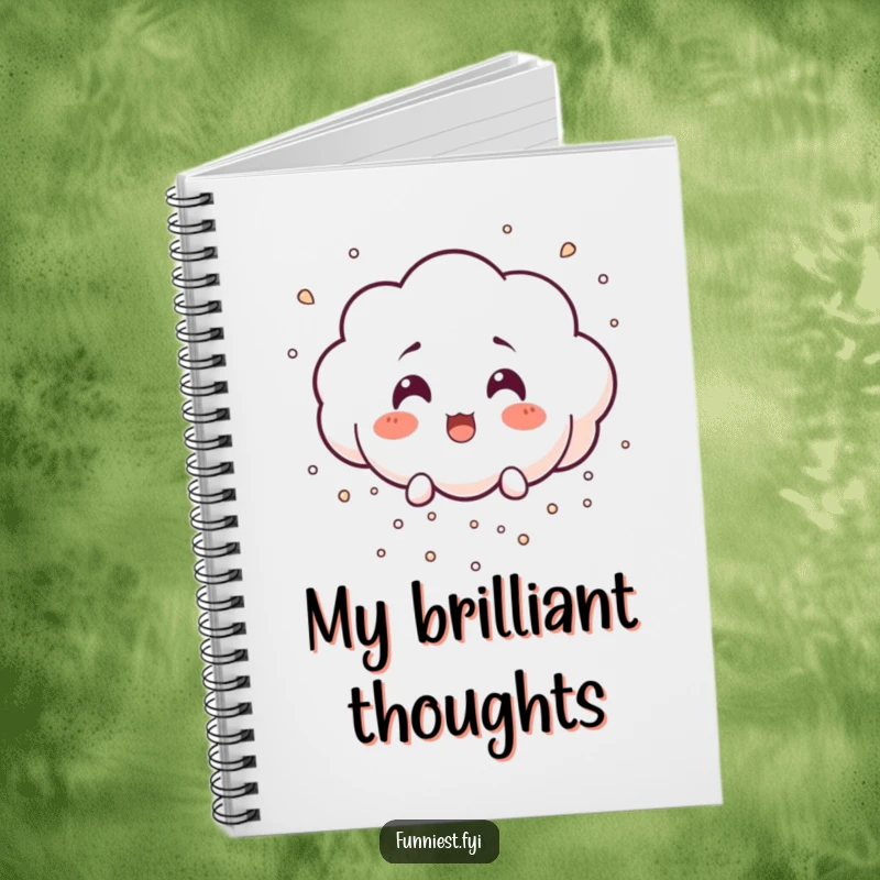 Funny surprised little cloud character raining tiny laughter particles, printed on a notebook for jotting down happy thoughts.