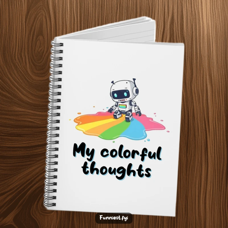Funny notebook featuring a clumsy robot character tripping and spilling a large puddle of rainbow paint, ideal for jotting down creative notes.