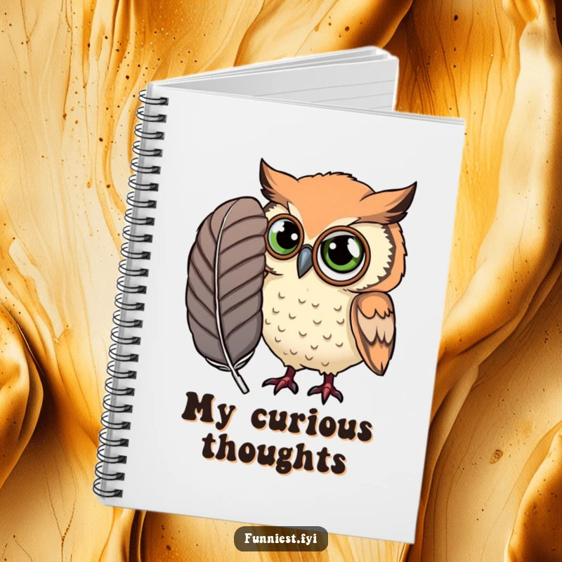 Funny Notebook with a curious owl in a monocle examining a large feather, ready for your notes and ideas.