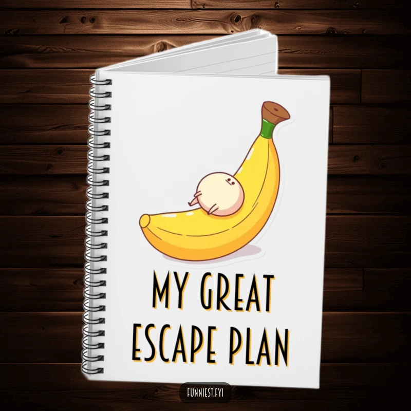 Funny notebook cover with a small, round character with tiny legs gleefully rolling down a giant banana peel, perfect for jotting down funny ideas.