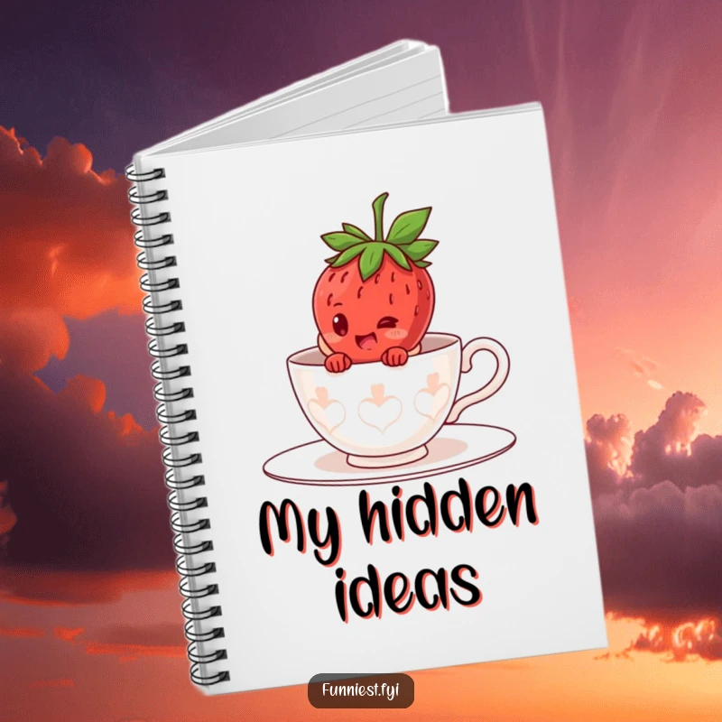 Funny giggling strawberry character notebook, hiding inside a giant teacup costume, perfect for jotting down sweet thoughts.