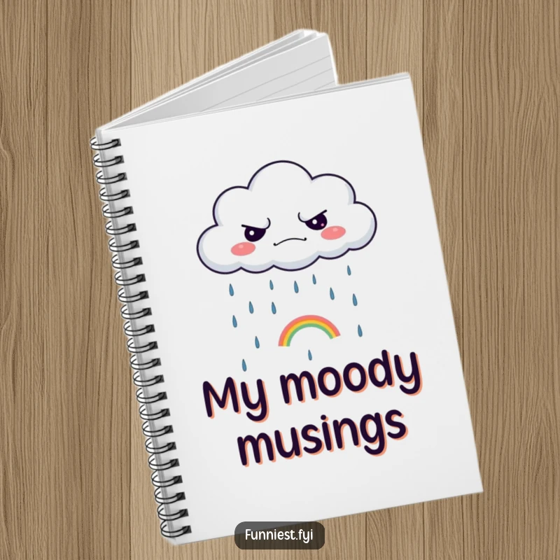 Funny notebook with a grumpy cloud raining a tiny rainbow, ideal for writing, drawing, and capturing humorous thoughts.