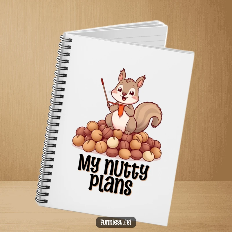 Funny Notebook featuring a victorious squirrel with a banner, standing on a pile of nuts, ready for your notes.