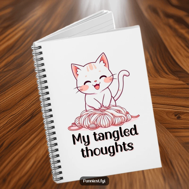 Funny notebook cover with a smiling cat tripping over its tail into a pile of yarn, perfect for jotting down funny thoughts.