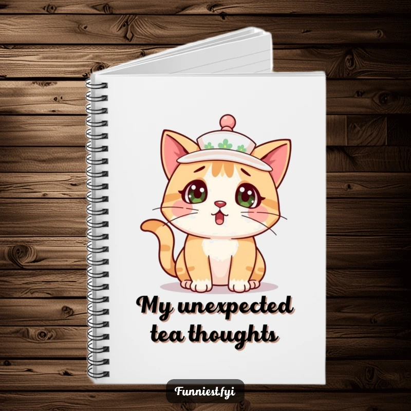 A notebook with a cover featuring a funny surprised cat wearing a teacup as a hat, inspiring note-taking.
