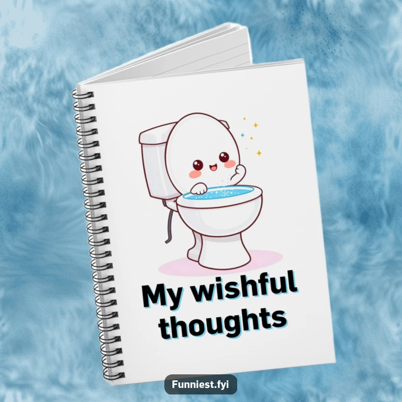 Funny friendly toilet character notebook, granting a wish with glitter shooting from the bowl, perfect for magical notes.
