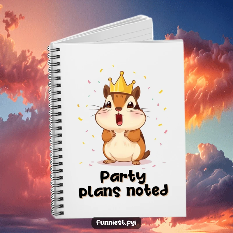 Funny surprised chipmunk wearing a tiny crown, showered with tiny confetti, a humorous notebook for notes.