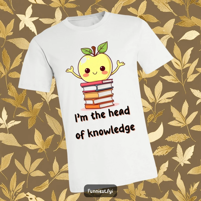 Funny proud apple character balancing a miniature stack of books on a t-shirt, embodying intelligence and humor.