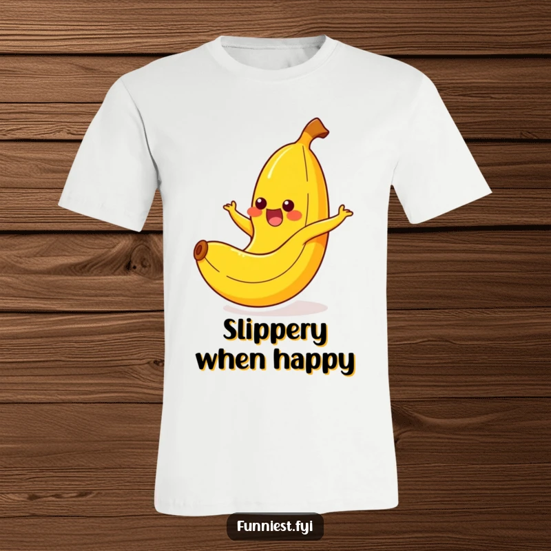 Funny banana character with a happy yelp, mid-slip on its own peel, designed for a hilarious t-shirt.