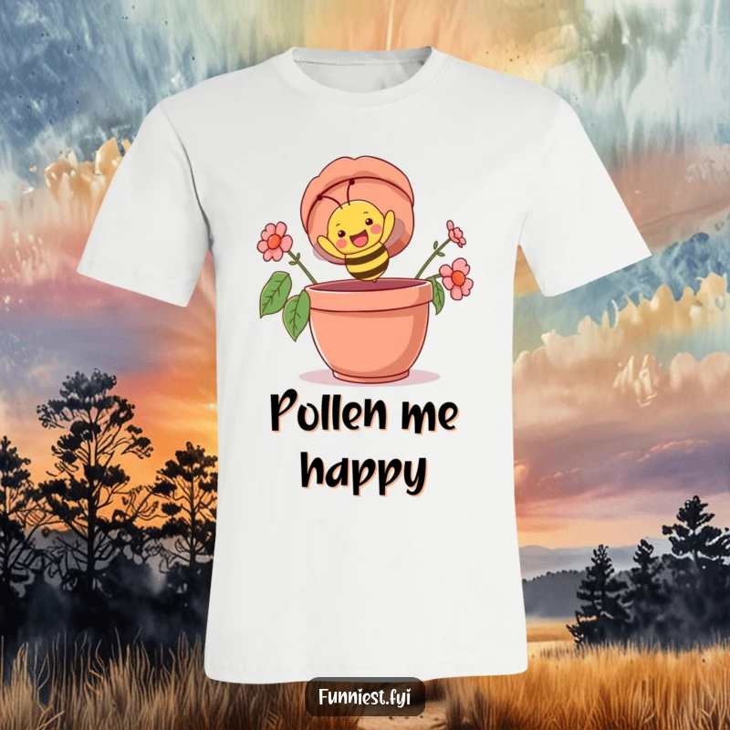 Funny t-shirt showing a happy bee character flying headfirst into a giant flowerpot, captured in a moment of delightful, upside-down chaos.