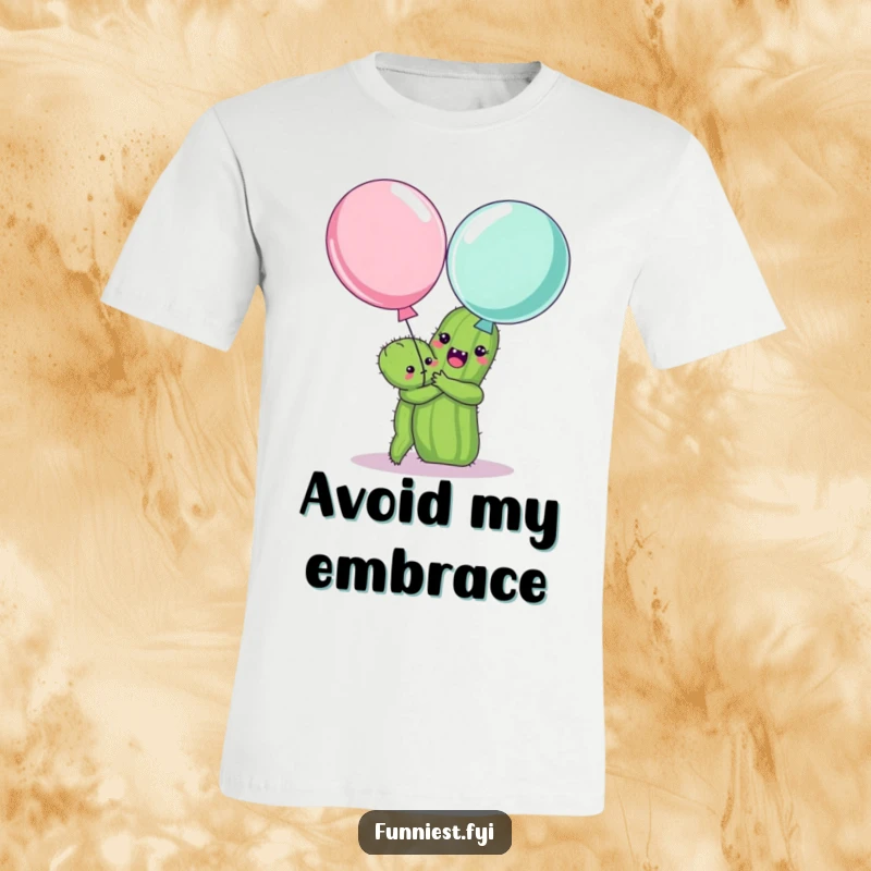 Funny t-shirt with a smiling cactus embracing a startled balloon, showcasing awkward yet amusing social interactions.
