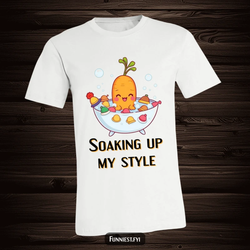 Funny carrot character relaxing in a bubble bath with tiny hats, comfortable t-shirt design for humor enthusiasts.