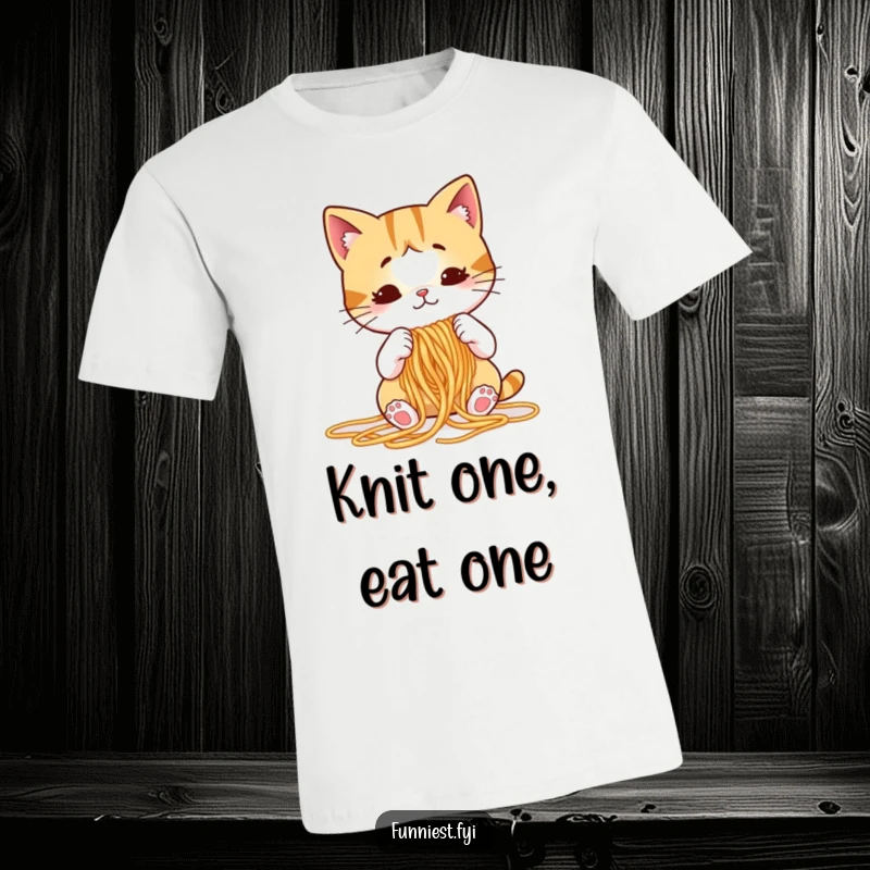 Funny cat t-shirt featuring a puzzled cartoon cat hilariously attempting to knit with spaghetti noodles, a unique apparel gift.