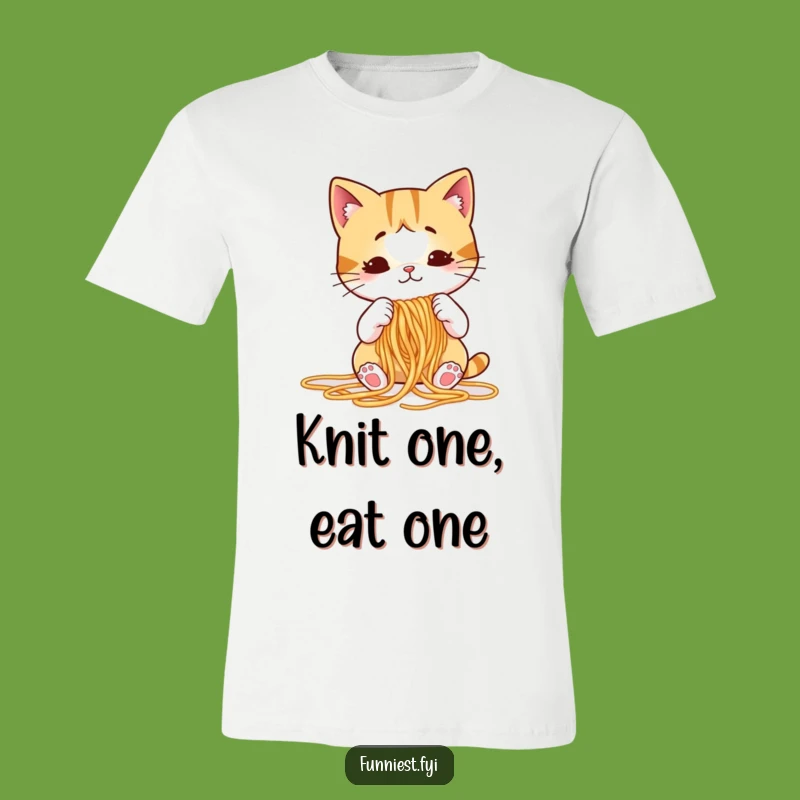 Funny Cat Knitting Spaghetti T-Shirt, Puzzled Feline Art, Hilarious Cat Lover Gift