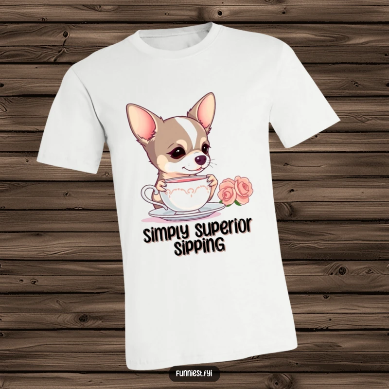 Funny Chihuahua t-shirt, dramatically sipping from a delicate teacup, conveying a pampered and theatrical personality.