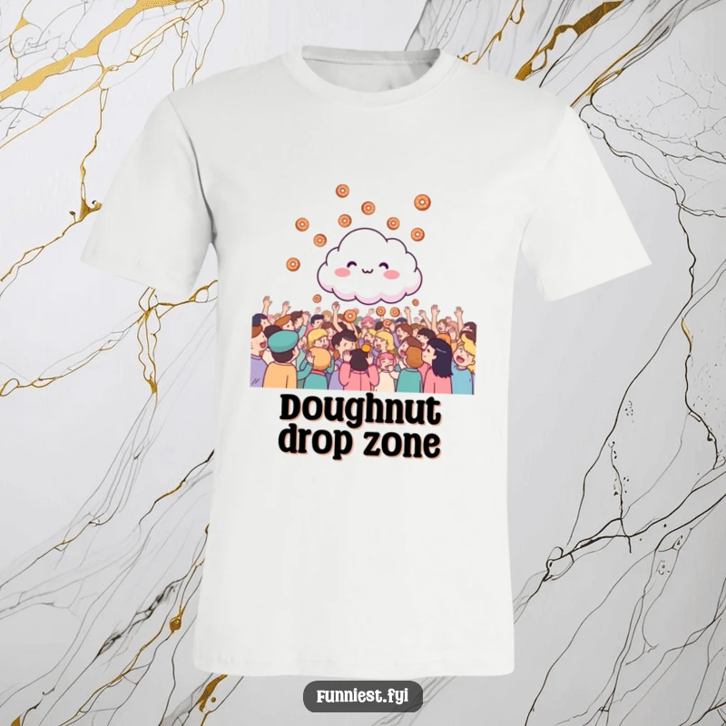 Funny giggling cloud raining tiny donuts onto a happy crowd, a fun and humorous t-shirt design.
