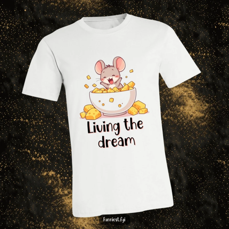 Funny t-shirt featuring a delighted mouse character diving headfirst into a massive, overflowing bowl of cheese, depicted in a moment of cheesy ecstasy.