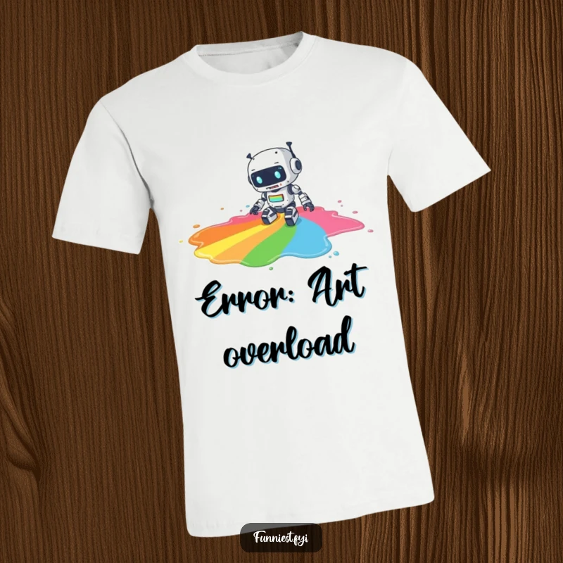Funny t-shirt featuring a clumsy robot tripping and spilling a large puddle of rainbow paint, depicted in a moment of colorful, chaotic art.