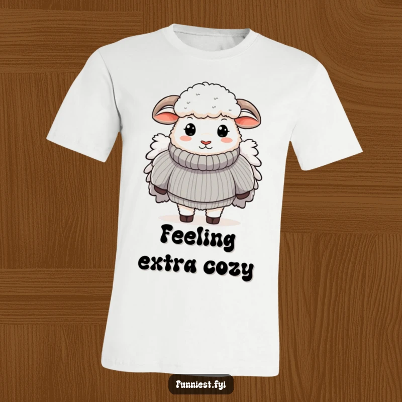 Funny t-shirt with a sheep wearing an absurdly large and fluffy sweater, a humorous and fashionable statement piece.
