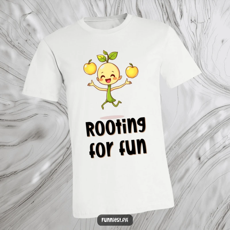 Funny dancing sprout character t-shirt, joyfully juggling three shiny apples with focused concentration and happy vibes.