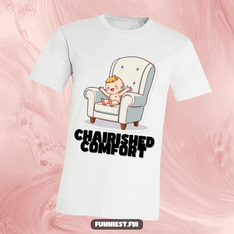 Funny T-Shirt featuring a tiny person character wiggling happily within a giant armchair, embodying ultimate comfort and fun.