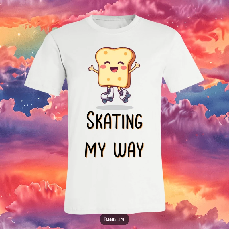 Funny t-shirt featuring a gleeful slice of toast in roller skates, mid-wobble. A humorous and relatable design for those embracing life’s funny stumbles.