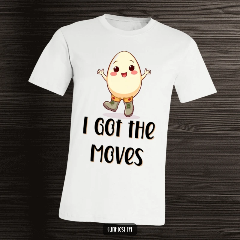 Funny egg t-shirt with a cheerful cartoon egg character doing a clumsy jig in oversized boots, perfect for dance lovers.