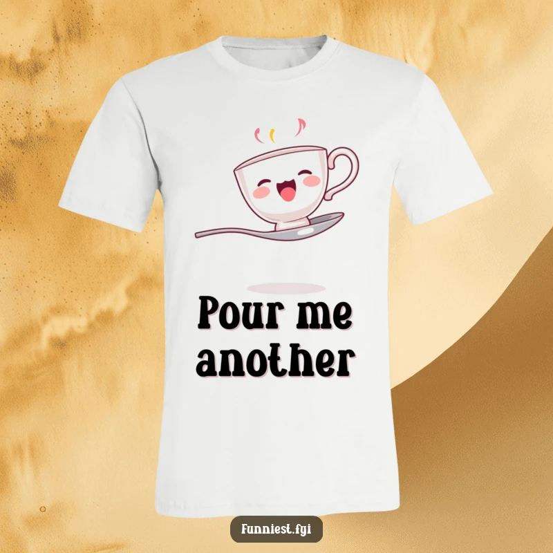 Funny t-shirt with a singing teacup precariously balanced on a spoon, capturing a whimsical and musical moment.