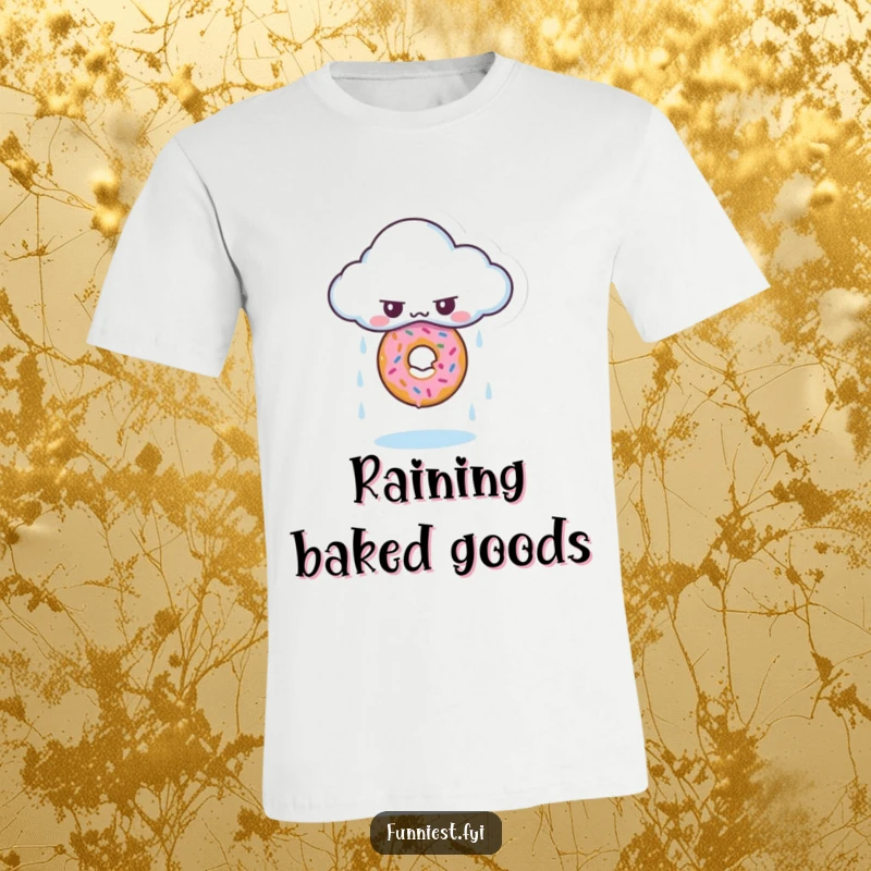 Funny t-shirt featuring a grumpy cloud character accidentally raining a single, perfect donut, whimsical apparel.
